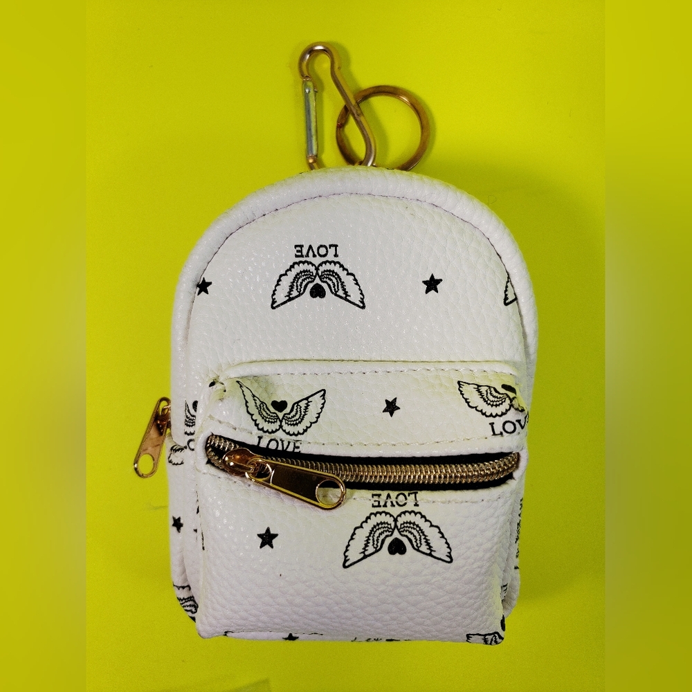 White Mini Backpack Keychain with Love and Angel Wings and Hearts